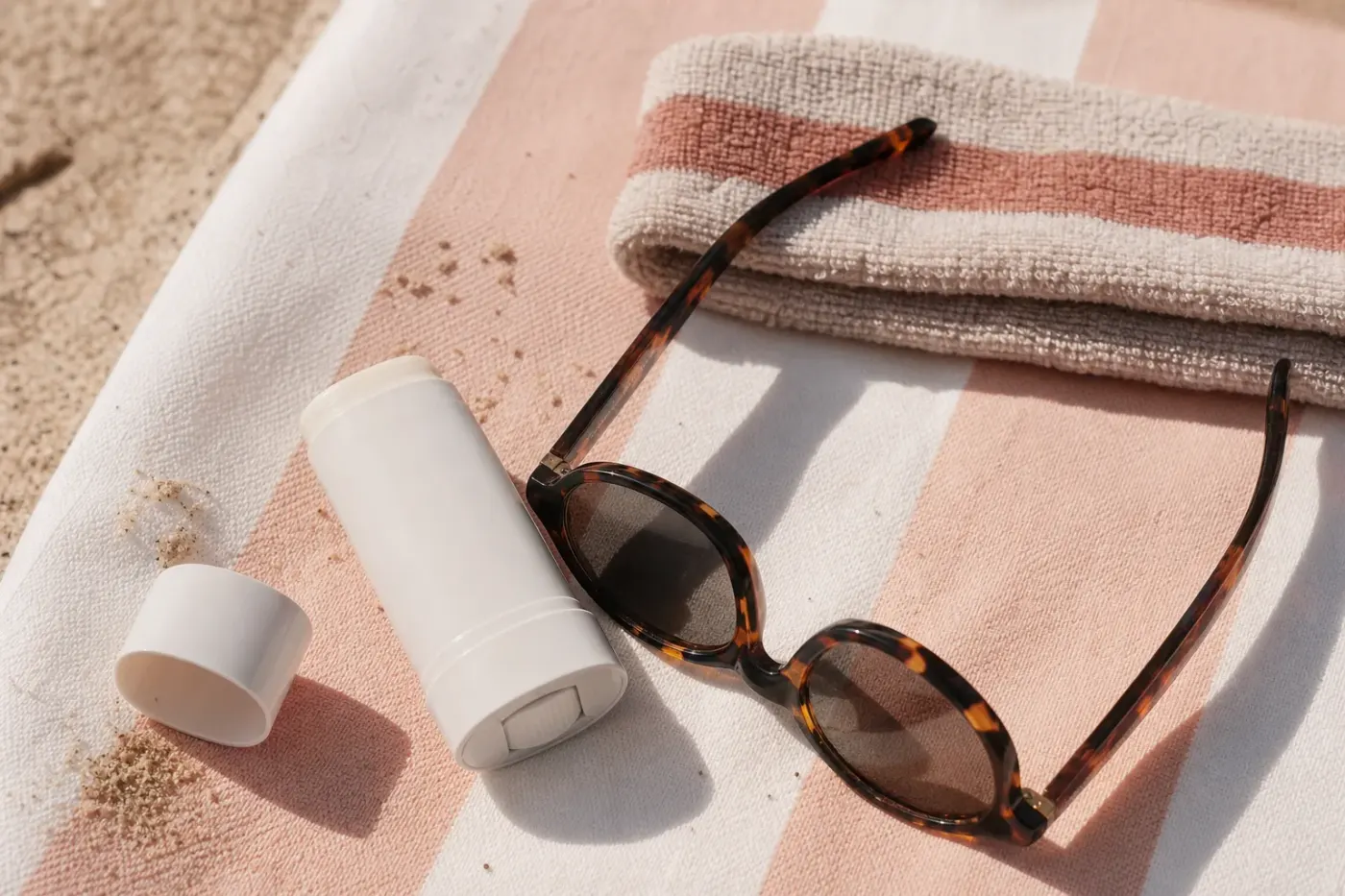 Stick solaire sans étiquette et lunettes de soleil posés sur une serviette de plage claire