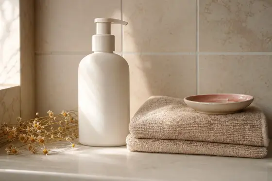 Serviettes hygiéniques, sous-vêtements en coton et flacon de soin doux posés sur une serviette blanche