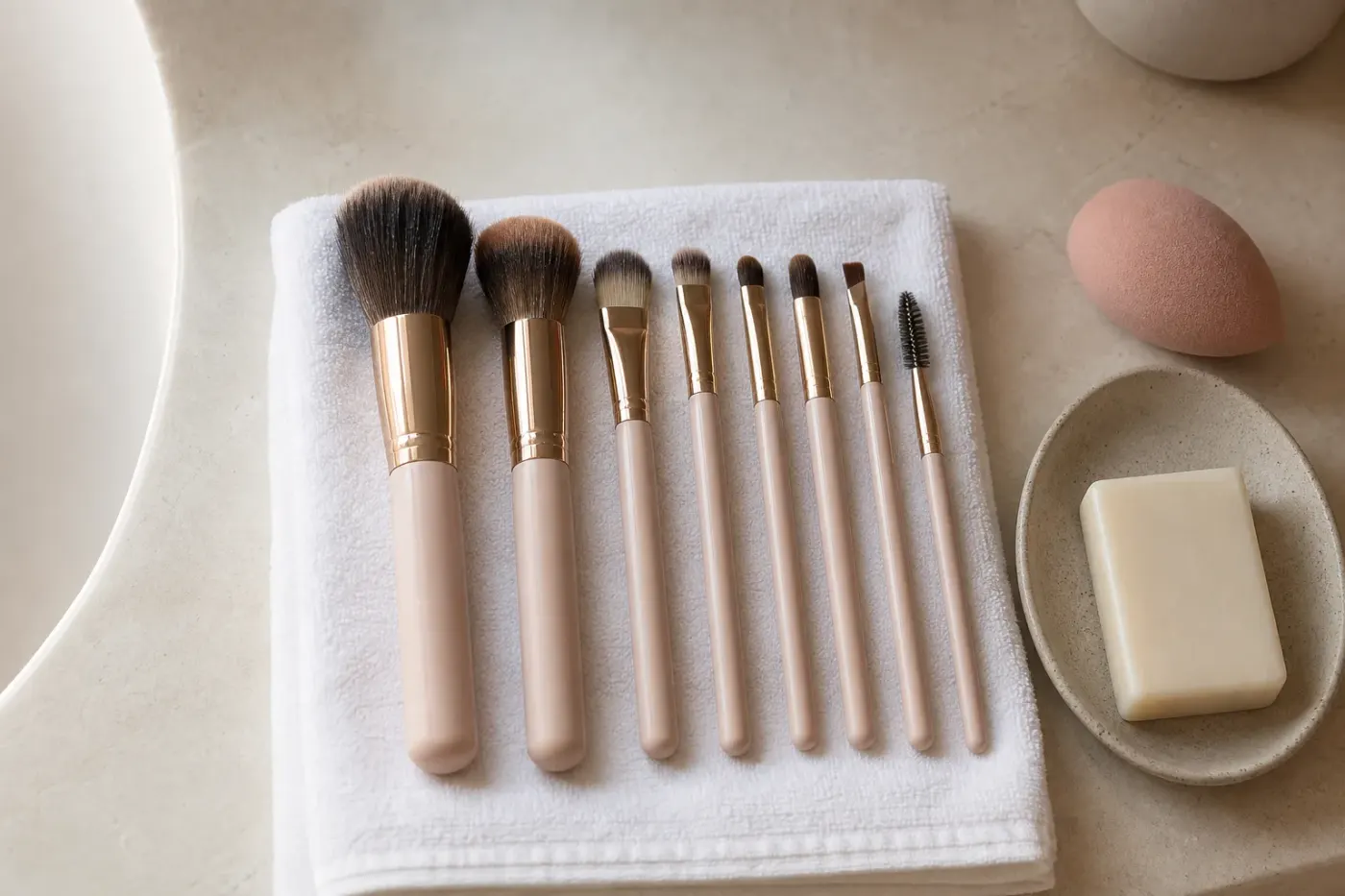Pinceaux de maquillage propres séchant à plat sur une serviette près d’une éponge rosée