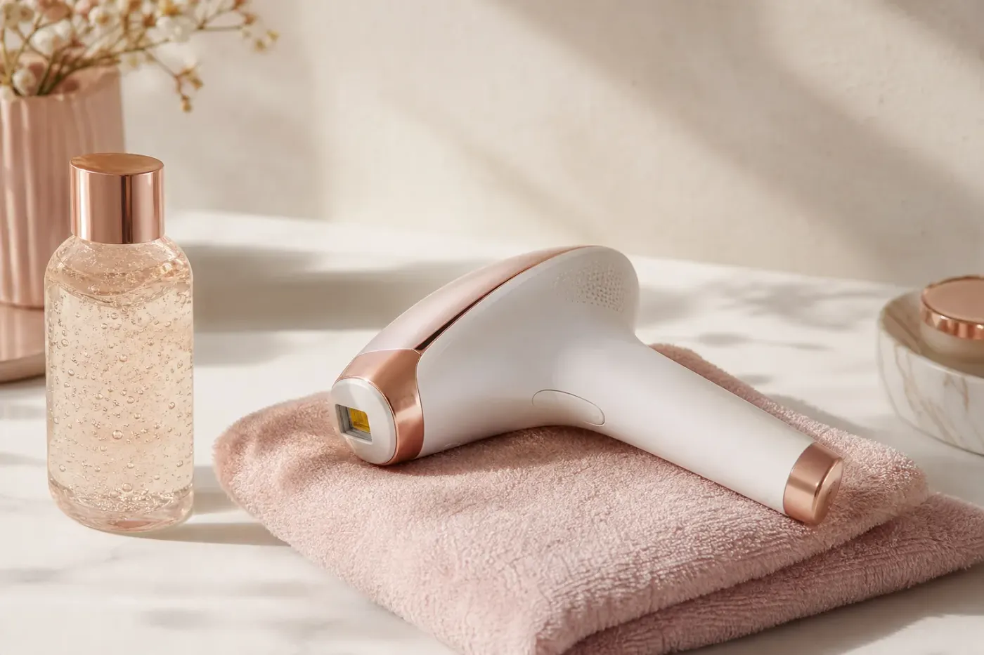 Main tenant un appareil de lumière pulsée contre une jambe rasée, sur fond clair