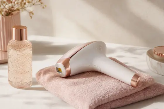 Main tenant un appareil de lumière pulsée contre une jambe rasée, sur fond clair