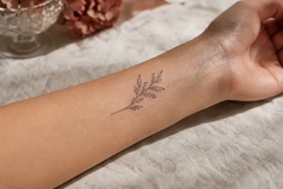 Avant-bras portant un motif brun temporaire et une planche de tatouages transfert