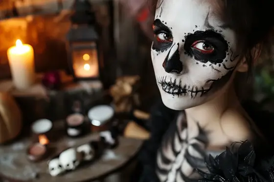 Visage maquillé en vampire pour Halloween, avec yeux fumés et lèvres rouge sombre